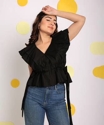 Solid black frilled v-neck 100% cotton tunic short top 5