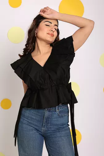Solid black frilled v-neck 100% cotton tunic short top