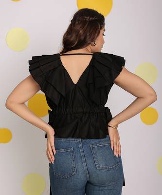 Solid black frilled v-neck 100% cotton tunic short top 6