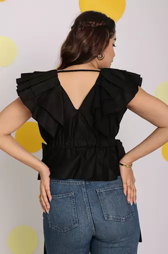 Solid black frilled v-neck 100% cotton tunic short top