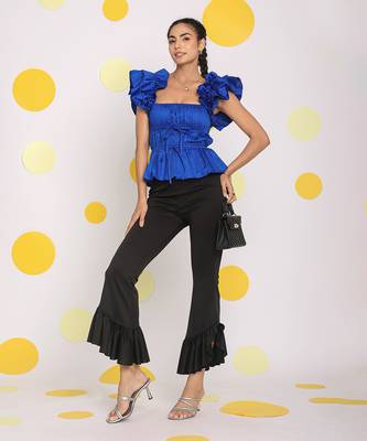 Royal blue fitted party wear frilled short sleeves 100% cotton top 1