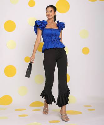 Royal blue fitted party wear frilled short sleeves 100% cotton top 3
