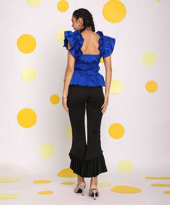 Royal blue fitted party wear frilled short sleeves 100% cotton top 6