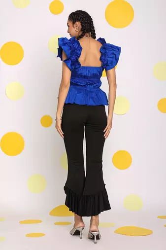 Royal blue fitted party wear frilled short sleeves 100% cotton top