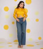 Solid yellow full sleeve collared side cut out 100% cotton crop shirt