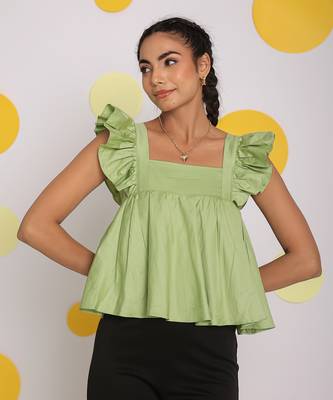 Solid mint green bust fitted short frill sleeve 100% cotton short top with back tie knot 1