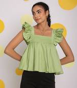 Solid mint green bust fitted short frill sleeve 100% cotton short top with back tie knot