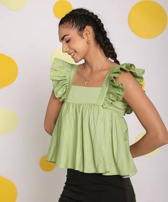 Solid mint green bust fitted short frill sleeve 100% cotton short top with back tie knot 3
