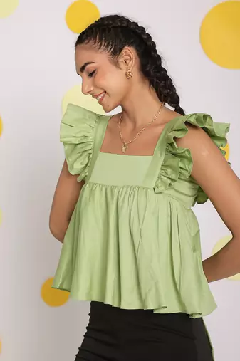 Solid mint green bust fitted short frill sleeve 100% cotton short top with back tie knot
