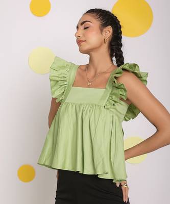Solid mint green bust fitted short frill sleeve 100% cotton short top with back tie knot 4