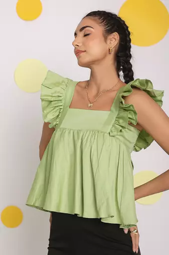 Solid mint green bust fitted short frill sleeve 100% cotton short top with back tie knot