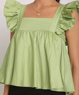 Solid mint green bust fitted short frill sleeve 100% cotton short top with back tie knot 5