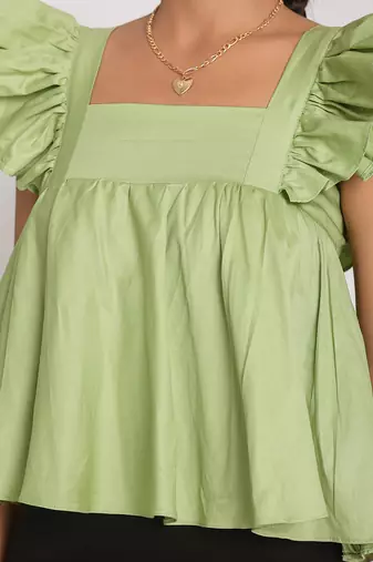 Solid mint green bust fitted short frill sleeve 100% cotton short top with back tie knot