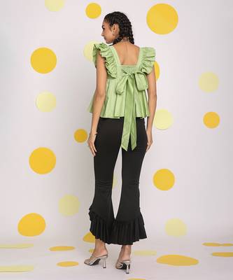 Solid mint green bust fitted short frill sleeve 100% cotton short top with back tie knot 6