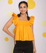 Solid yellow bust fitted short frill sleeve 100% cotton short top with back tie knot