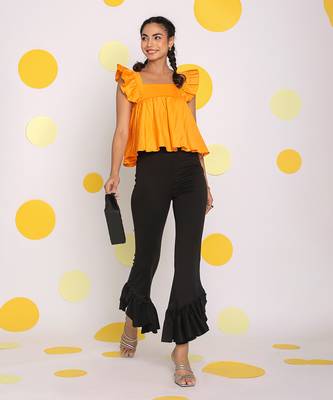 Solid yellow bust fitted short frill sleeve 100% cotton short top with back tie knot 2