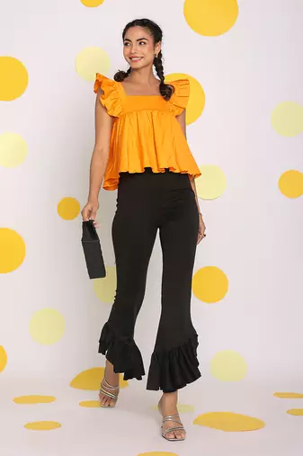 Solid yellow bust fitted short frill sleeve 100% cotton short top with back tie knot
