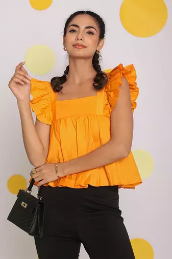 Solid yellow bust fitted short frill sleeve 100% cotton short top with back tie knot