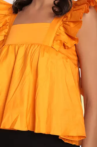 Solid yellow bust fitted short frill sleeve 100% cotton short top with back tie knot