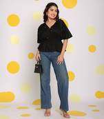 Black pearl embellished waist fitted white 100% cotton peplum top