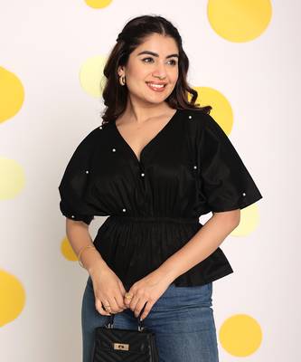 Black pearl embellished waist fitted white 100% cotton peplum top 3