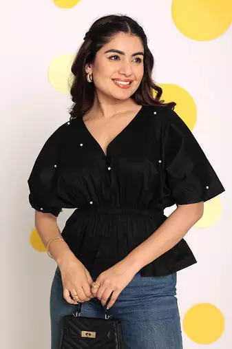 Black pearl embellished waist fitted white 100% cotton peplum top