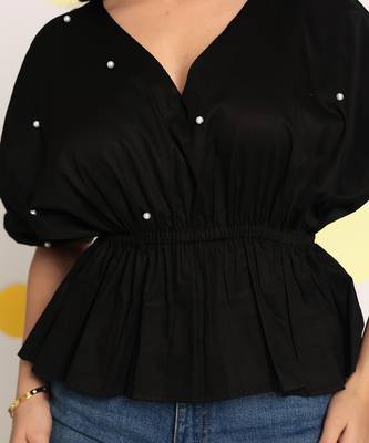 Black pearl embellished waist fitted white 100% cotton peplum top 4