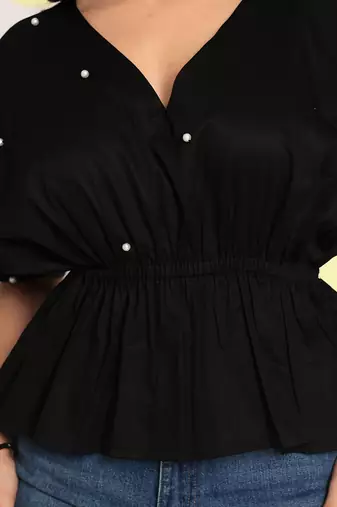 Black pearl embellished waist fitted white 100% cotton peplum top