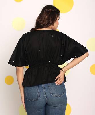 Black pearl embellished waist fitted white 100% cotton peplum top 5