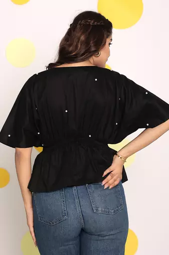 Black pearl embellished waist fitted white 100% cotton peplum top