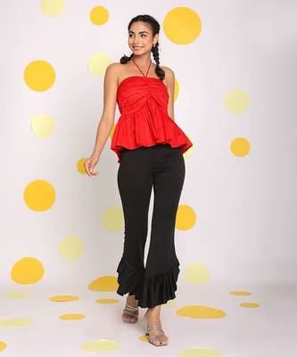 Solid red halter neck bust fitted 100% cotton peplum top 1