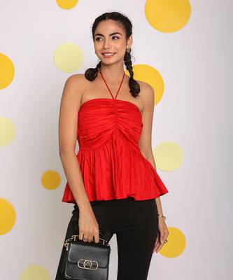 Solid red halter neck bust fitted 100% cotton peplum top 2