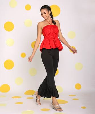 Solid red halter neck bust fitted 100% cotton peplum top 3