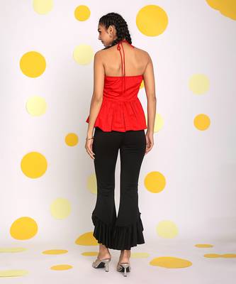 Solid red halter neck bust fitted 100% cotton peplum top 5