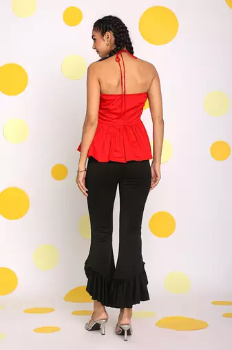 Solid red halter neck bust fitted 100% cotton peplum top