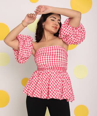 White and pink bubble 3 way styling bust fitted top with detachable short balloon sleeves 2