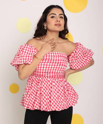 White and pink bubble 3 way styling bust fitted top with detachable short balloon sleeves 3