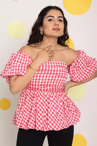 White and pink bubble 3 way styling bust fitted top with detachable short balloon sleeves