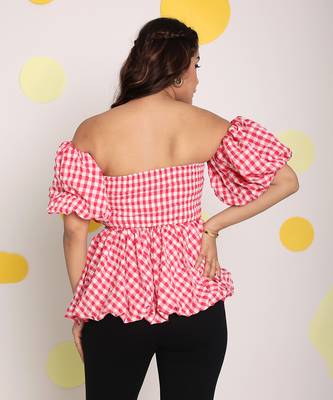 White and pink bubble 3 way styling bust fitted top with detachable short balloon sleeves 5