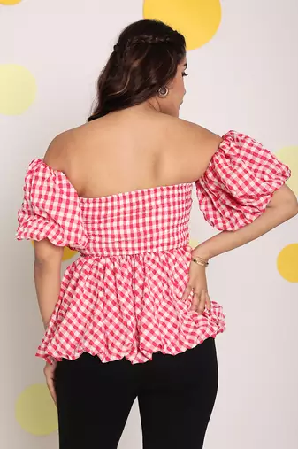 White and pink bubble 3 way styling bust fitted top with detachable short balloon sleeves