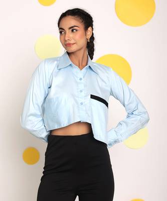 Solid ice blue full sleeve front long pocket 100% cotton crop shirt 1