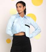 Solid ice blue full sleeve front long pocket 100% cotton crop shirt