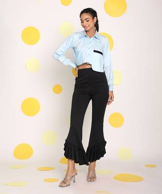 Solid ice blue full sleeve front long pocket 100% cotton crop shirt 2