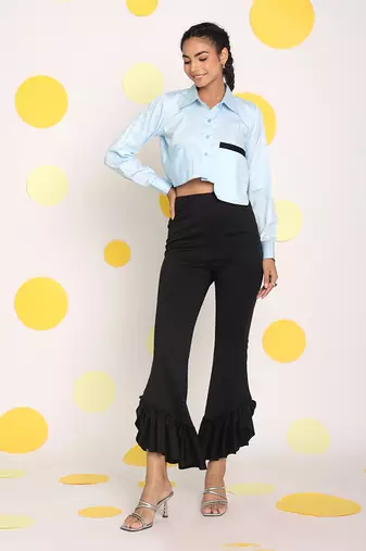 Solid ice blue full sleeve front long pocket 100% cotton crop shirt