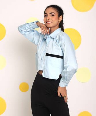 Solid ice blue full sleeve front long pocket 100% cotton crop shirt 3
