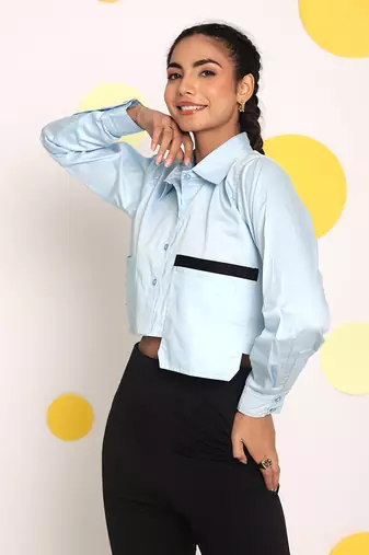 Solid ice blue full sleeve front long pocket 100% cotton crop shirt