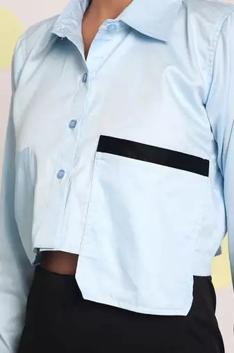 Solid ice blue full sleeve front long pocket 100% cotton crop shirt