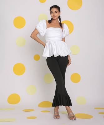 White 3 way styling bust fitted top with detachable short balloon sleeves 3