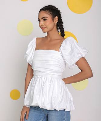 White 3 way styling bust fitted top with detachable short balloon sleeves 4