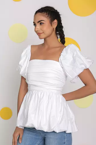 White 3 way styling bust fitted top with detachable short balloon sleeves